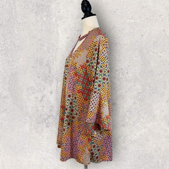 Annabelle Multicolor Blouse Keyhole Neck Bell Sleeve, Size L - Picture 3 of 10